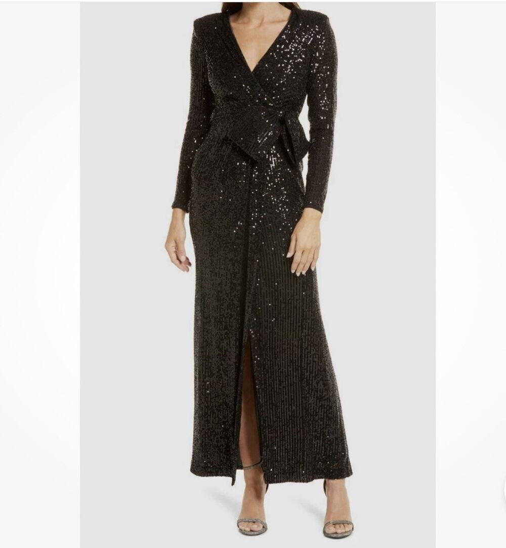 Eliza J Black Sequin Wrap Maxi Dress Size 4 NWT